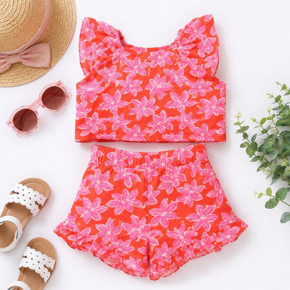 Tahari Girls 2 Piece Floral Short Set Pink Orange Cotton Summer Outfit, 8